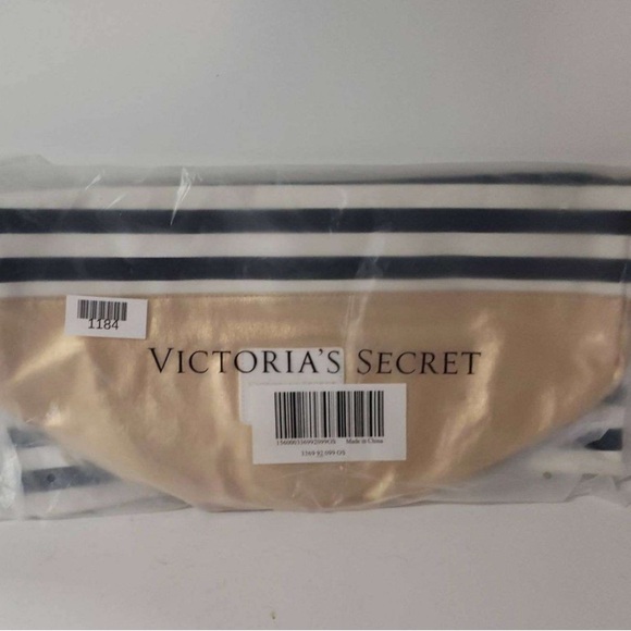 New Victoria’s Secret Striped and Metallic Gold Tote Bag Book Bag Rope Straps - Picture 1 of 8